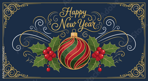 Elegant New Year greeting card design featuring ornament and holly for festive marketing and personal invitations