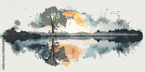 Abstract lake landscape with tree birds and reflection art illustration
