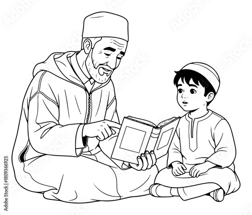 Muslim Grandfather Teaching Boy to Read Holy Book Outline Illustration