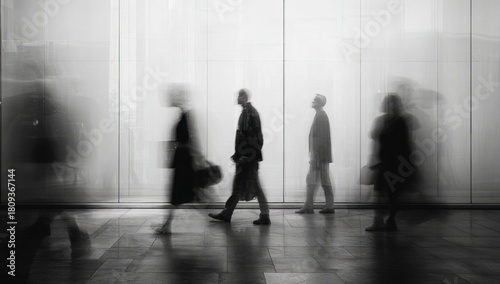 Blurred figures moving through a modern space