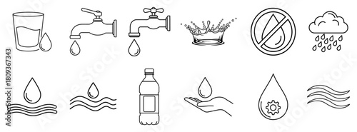 Water Drop Tap and Drinking Icons Outline Vector Set
