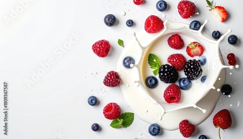 Berries splash in milk, bright and fresh