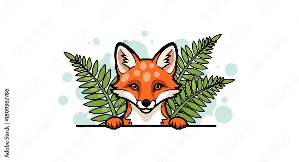 Obraz premium Illustration of a cute cartoon fox peeking through fern leaves