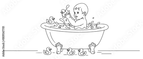 Child Bathing in Tub with Rubber Ducks Outline Vector Illustration