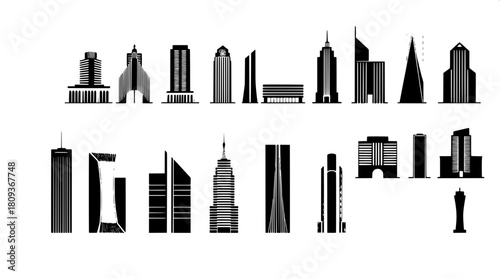 Nine sleek, modern, geometric building icons in precise black-and-white tones, arranged in a meticulous grid layout reminiscent of a professional design set, featuring a diverse array of contemporary 