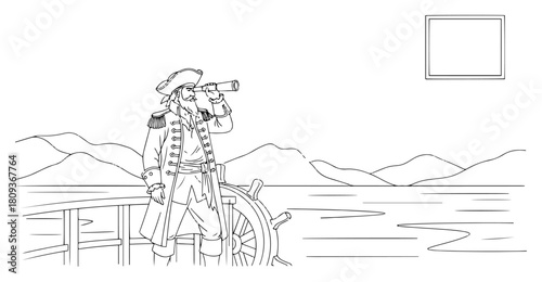 Pirate Captain Looking Through Spyglass on Ship Deck Outline Illustration