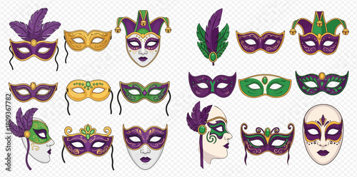 A collection of colorful Mardi Gras and carnival masks with feathers and ornate designs.