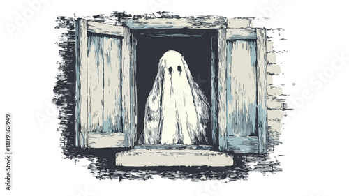 Mysterious Ghostly Figure Peeking from Haunted Window Vector Illustration