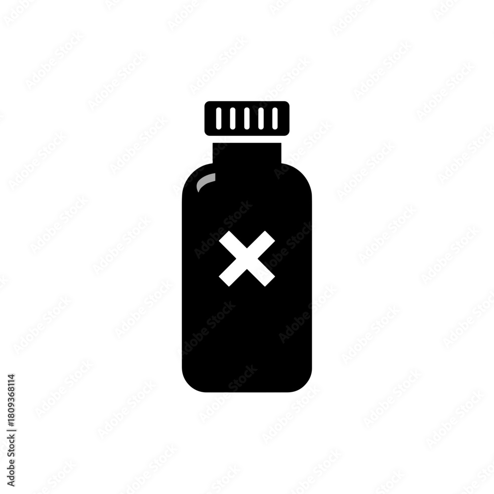 Fototapeta premium Black medical bottle with an X mark on the label symbolizing caution or restricted substance