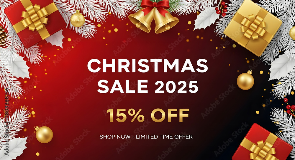Fototapeta premium Festive Christmas sale with sparkling decorations, gifts and discount offer