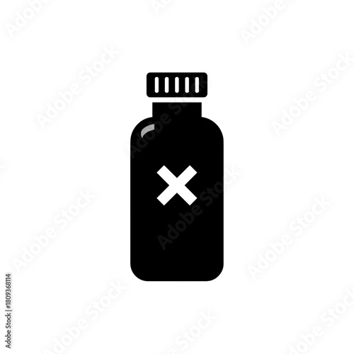 Black medical bottle with an X mark on the label symbolizing caution or restricted substance