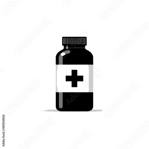 Black medical antiseptic bottle with a cross symbol on the label displayed on a clean white background
