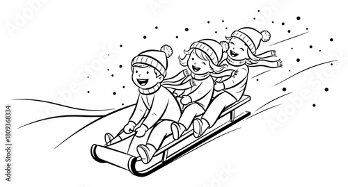 Children Sledding Down Winter Hill Line Art Vector