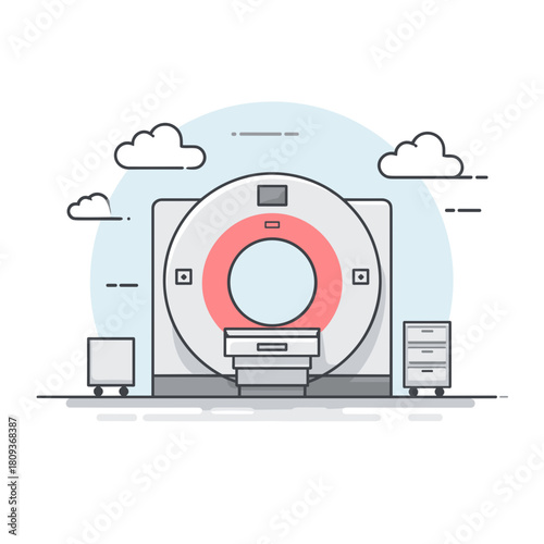 Colorful flat illustration of a CT scanner surrounded by small carts and clouds in a playful medical scene