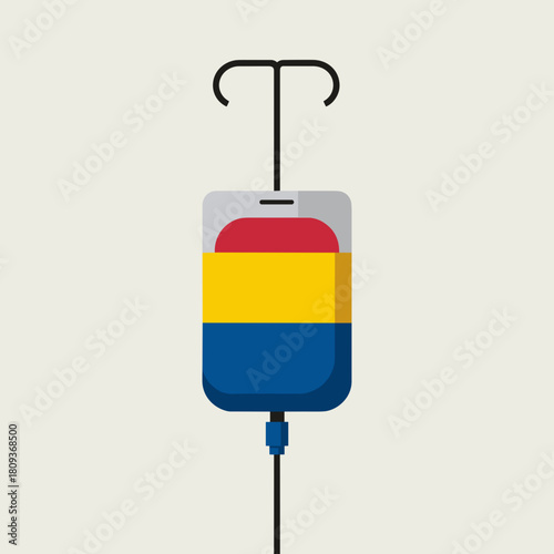 Colorful IV bag illustration with segmented red yellow and blue sections hanging from a simple support hook