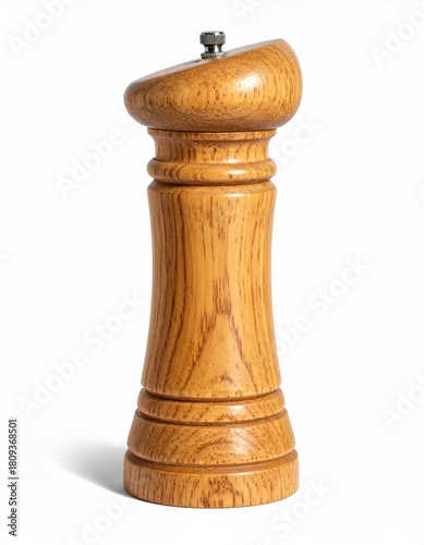 Wooden pepper mill with knob, isolated