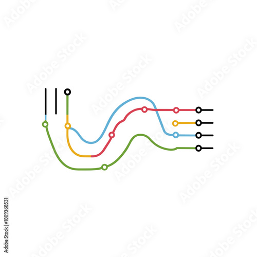 Colorful wavy suture lines forming a multicolored medical path illustration
