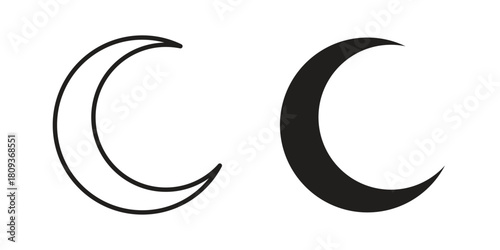 Moon icon symbol in filled and line style. Vector icon collection
