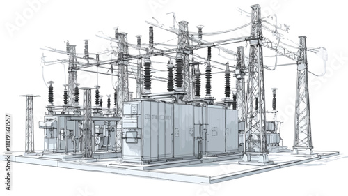 Modern Electrical Substation Vector Outline Isolated on White Background