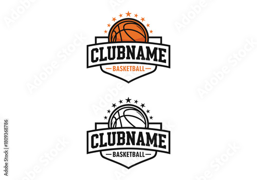 Dynamic basketball club badge design for sports team identity, featuring a classic ball and star emblem vector illustration