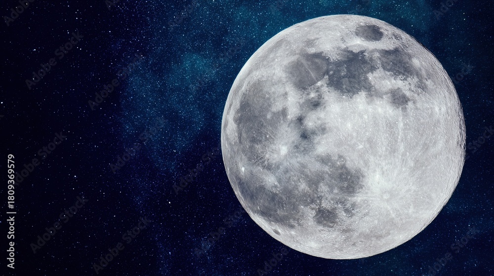 Fototapeta premium telephoto. Super moon in crisp detail against a deep blue night sky with visible lunar craters. STEM education sheets, lab safety posters, designed for STEM education and laboratory safety posters.