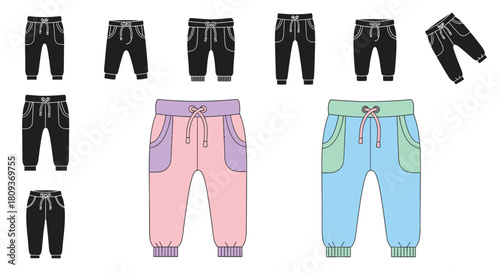 Illustration displaying a variety of pants and shorts fashion designs