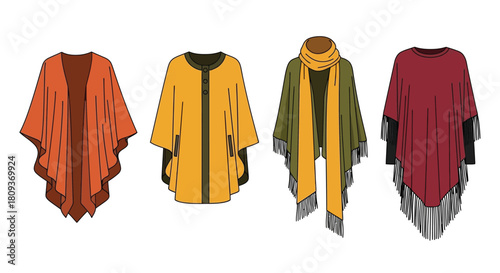 Four colorful poncho designs displayed on a white background fashion illustration