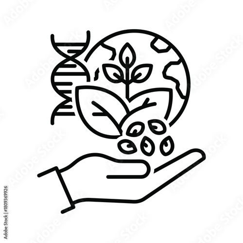 Hand holding seeds with plant and dna isolated on