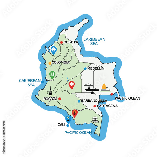Colorful Illustrated Map of Colombia with Major Cities and Landmarks, Ideal for Travel Guides, Educational Materials, and Tourism Campaigns Focusing on Colombian Destinations