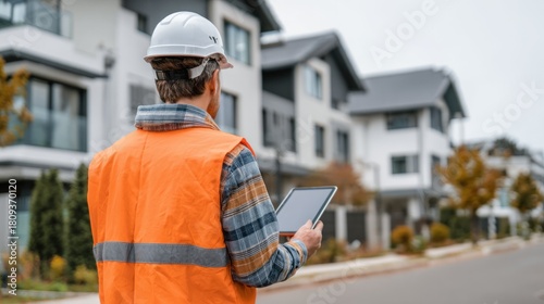 Construction worker inspecting new residential buildings with tablet.