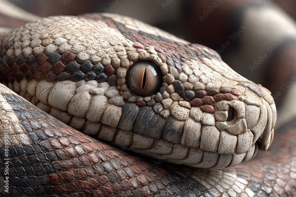 Obraz premium Close-up of a snake head with detailed scales and amber eye, showcasing natural reptile skin texture
