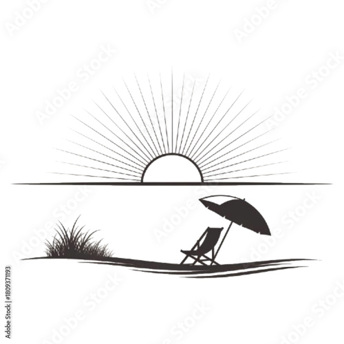 Minimalist silhouette of beach chair and umbrella at sunset