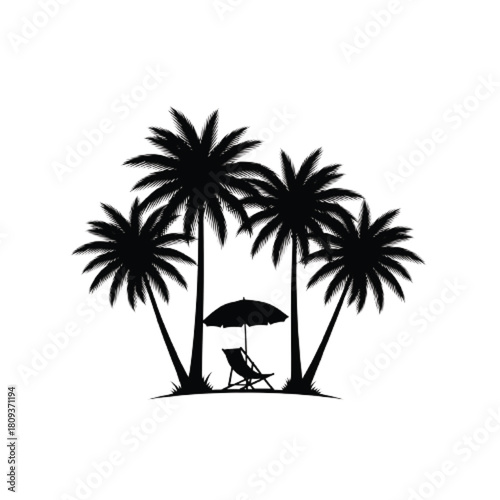 Silhouette of four palm trees with beach chair isolated on white background