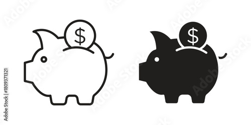 Piggy bank icon symbol in filled and line style. Vector icon collection