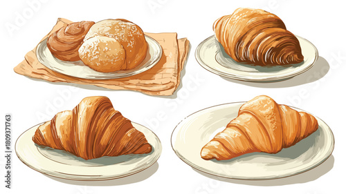 Delicious Freshly Baked Pastries on Plates Set Vector Illustration