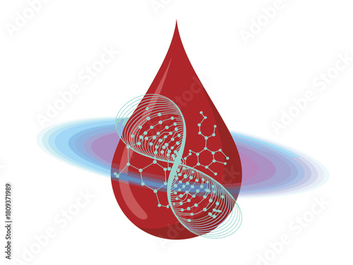 Blood Drop with DNA and Molecule Structure Depiction for Medical, Scientific Research, or Pharmaceutical Conceptualization in Healthcare and Medicine Related Imagery and Graphic Designs