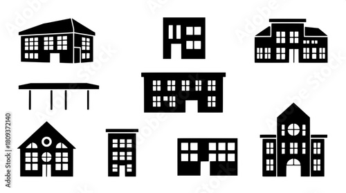 "A set of nine bold architectural graphic icons, each a unique structure rendered in black with white window accents, displayed in a balanced grid on a bright white background, modern and simplistic."