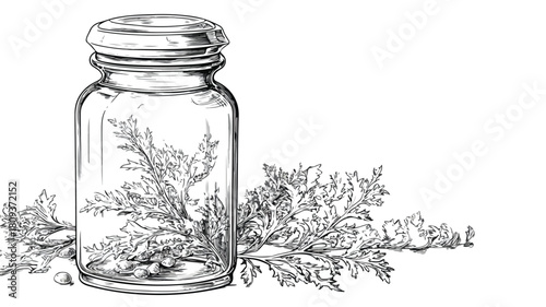 Glass Jar with Fresh Wormwood and Southernwood Plant Herbal Medicine