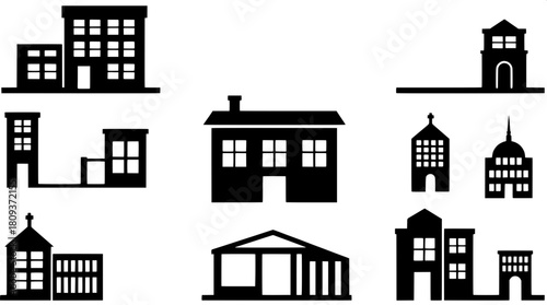 "A set of nine bold architectural graphic icons, each a unique structure rendered in black with white window accents, displayed in a balanced grid on a bright white background, modern and simplistic."