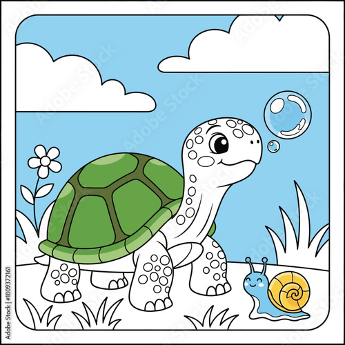 Cute Cartoon Turtle with Green Shell and Snail Friend. Half Colored Character for Coloring Book Activity with Blue Sky and Clouds for Kids Education Vector Illustration.