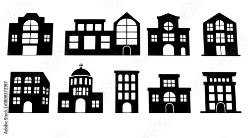 "A set of nine bold architectural graphic icons, each a unique structure rendered in black with white window accents, displayed in a balanced grid on a bright white background, modern and simplistic."