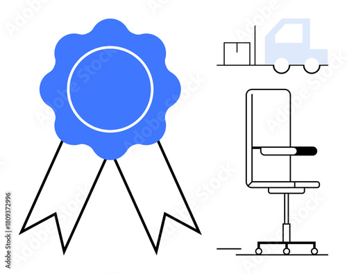 Blue ribbon badge, office chair, and delivery truck with a package. Ideal for quality assurance, logistics, office setups, certifications, productivity, business excellence simple flat metaphor
