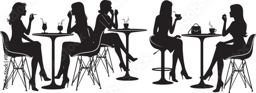 Silhouette Vector Set of Young Women Sitting and Chatting in a Cafe or Bar, Drinking Beverages, Meeting Friends, and Relaxing with Cocktails and Coffee, Socializing Graphics.