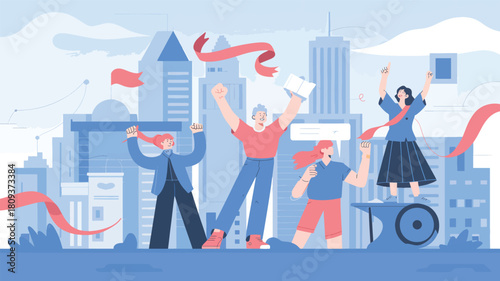 Diverse group celebrating with red ribbons and city skyline