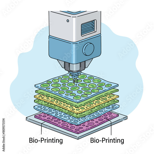 Bio-Printing Technology Illustration: Layered Biological Material Deposition for Tissue Engineering and Regenerative Medicine Using a 3D Bioprinter in a Laboratory Setting, Healthcare Innovation