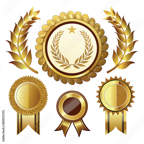 Luxury golden royal badge emblem, black background, gold wreath, crown icon, shiny metallic effect, elegant premium logo styl