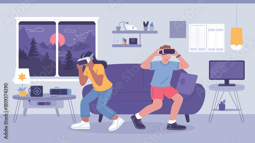 A couple wearing V R headsets playing video games in the living room