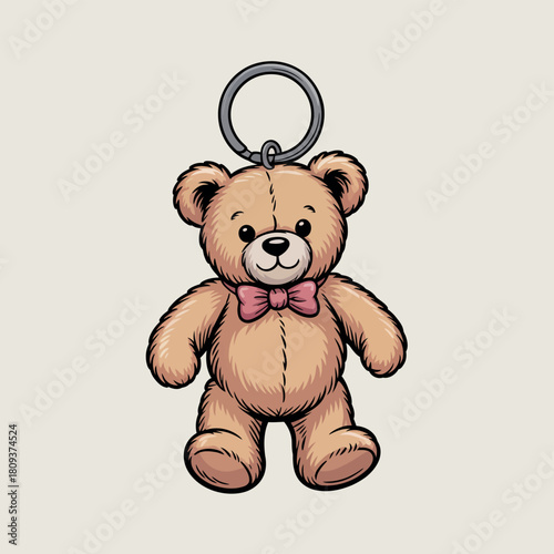Cute teddy bear keychain with pink bow tie illustration