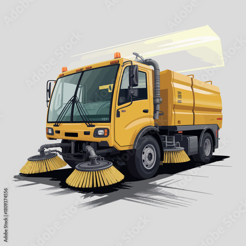 Yellow street sweeper truck with brushes and debris collection system