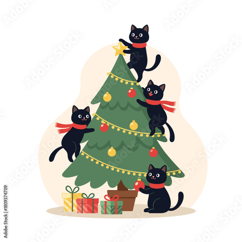 Four black cats decorating Christmas tree with colorful ornaments,  for holiday cards, children's products, and pet-themed decor